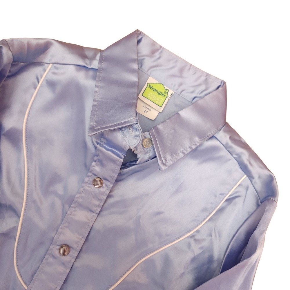 Wrangler Satin Western Shirt Periwinkle Blue Pearl Snaps Girls Size 14 Vintage